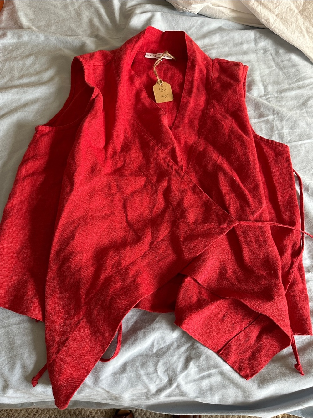 bryn Walker Vibrant Red Sleeveless Linen Wrap Tunic